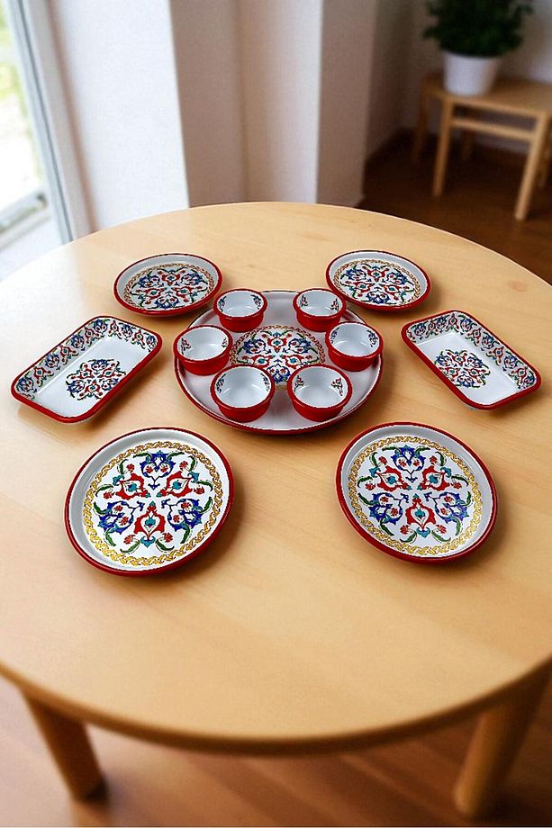 4 Kişilik Orta Boy Desenli Emaye Kahvaltı Seti,Sunum,Kahvaltı Tabağı, Reçellik,Zeytin, Peynir Tabağı - 5