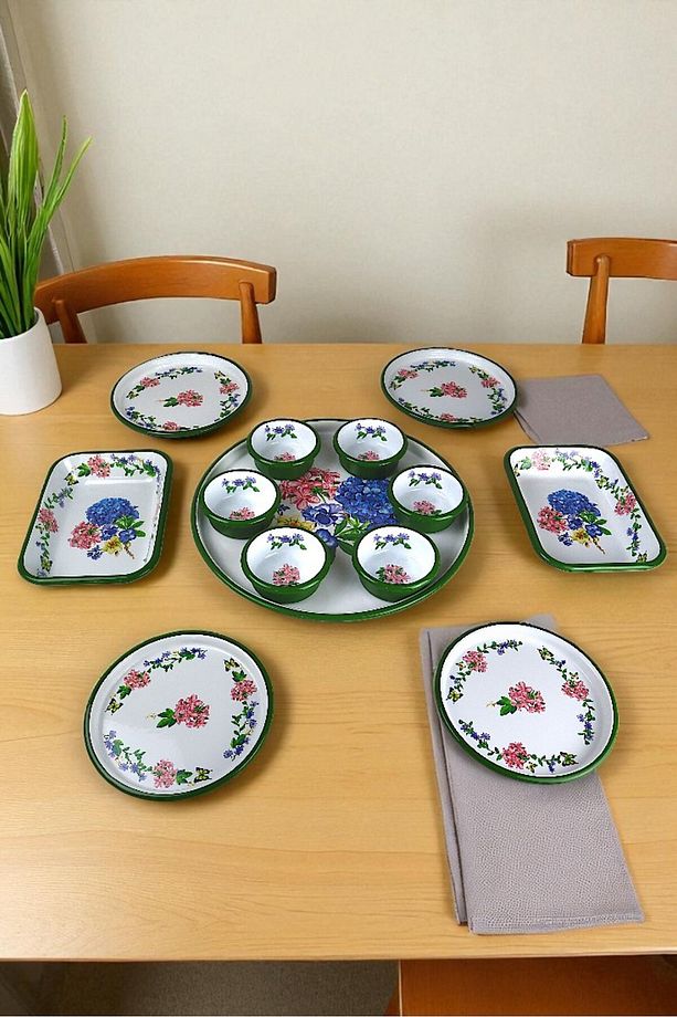 4 Kişilik Orta Boy Desenli Emaye Kahvaltı Seti,Sunum,Kahvaltı Tabağı, Reçellik,Zeytin, Peynir Tabağı - 2