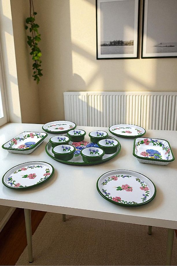 4 Kişilik Orta Boy Desenli Emaye Kahvaltı Seti,Sunum,Kahvaltı Tabağı, Reçellik,Zeytin, Peynir Tabağı - 6