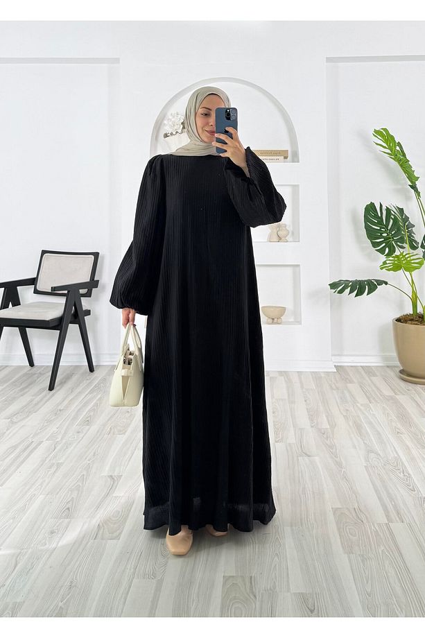PİLİSELİ VRN POLYESTER KUMAŞ ASTARLI -BALON KOL HAKIM YAKA KEMERLİ ELBİSE - 9
