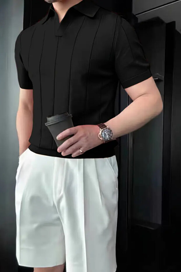 Men's Matte Black Striped Short Sleeve Knitwear T-Shirt