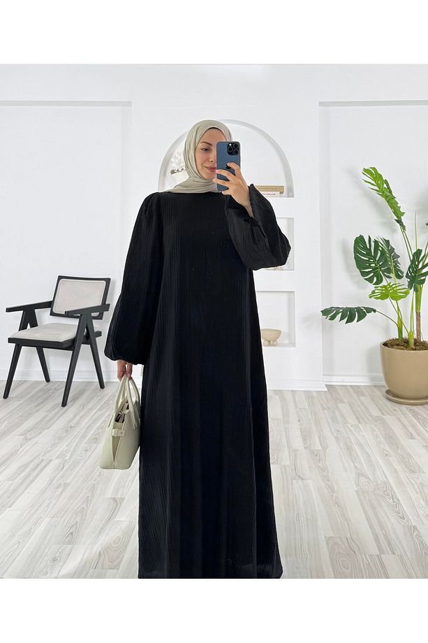 PİLİSELİ VRN POLYESTER KUMAŞ ASTARLI -BALON KOL HAKIM YAKA KEMERLİ ELBİSE - 7