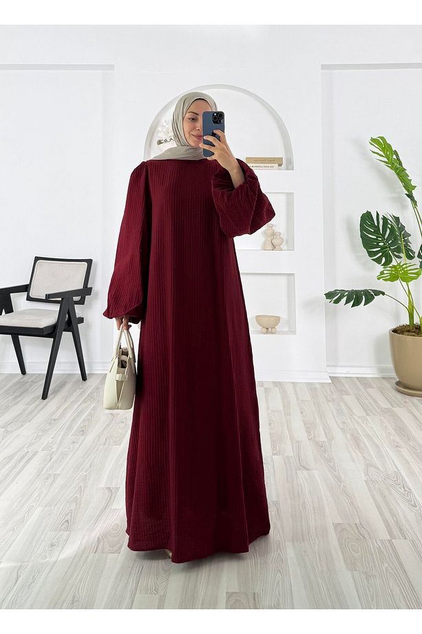 PİLİSELİ VRN POLYESTER KUMAŞ ASTARLI -BALON KOL HAKIM YAKA KEMERLİ ELBİSE - 9