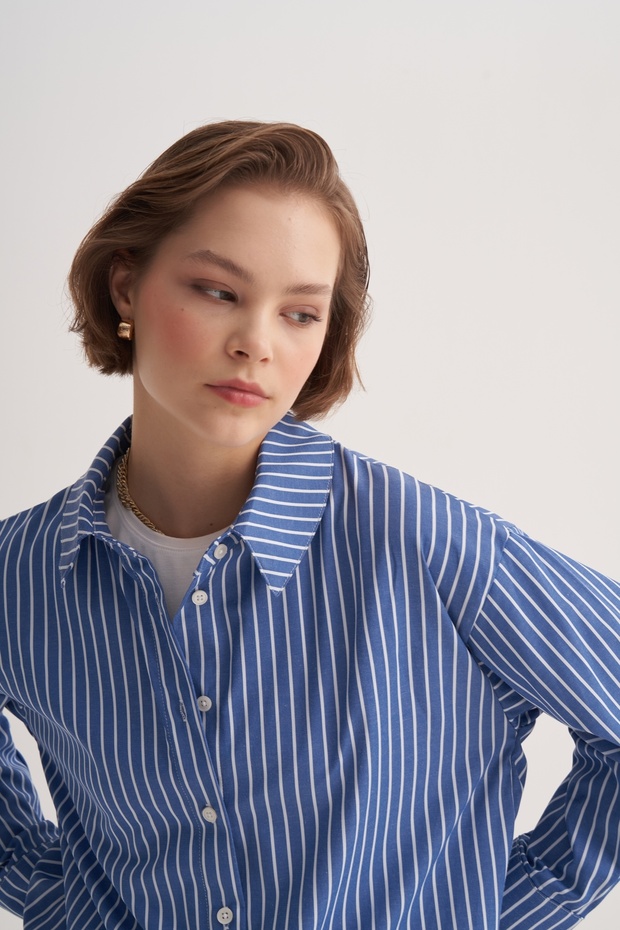 Kadın Poplin Basic Gömlek Çizgili Lacivert - 4