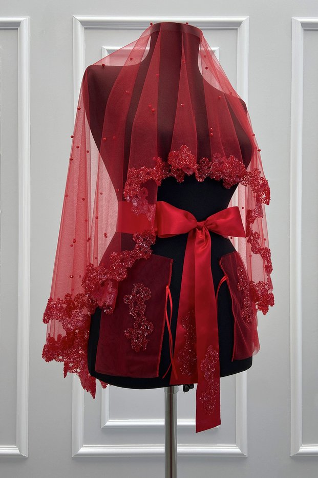 Red Bridal Veil Set with Glass Beads and Pearls, Henna Night Veil Face Cover Set 6 Pieces