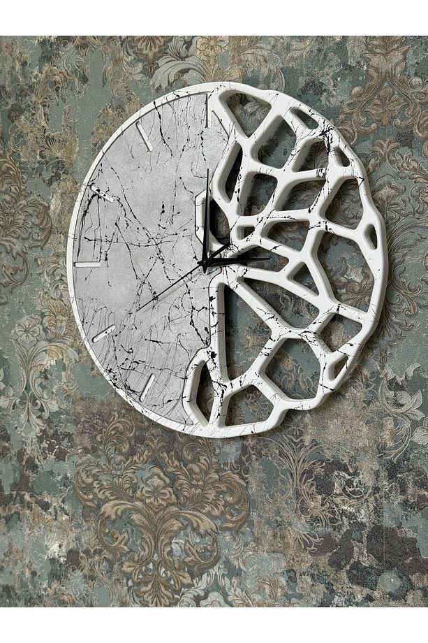 CLOCKS DUVAR SAATİ MERMER DESENLİ SPLİT FLOW D38 ORGANİK FORM AHŞAP LAKE QUARTZ DUVAR SAATİ - 2