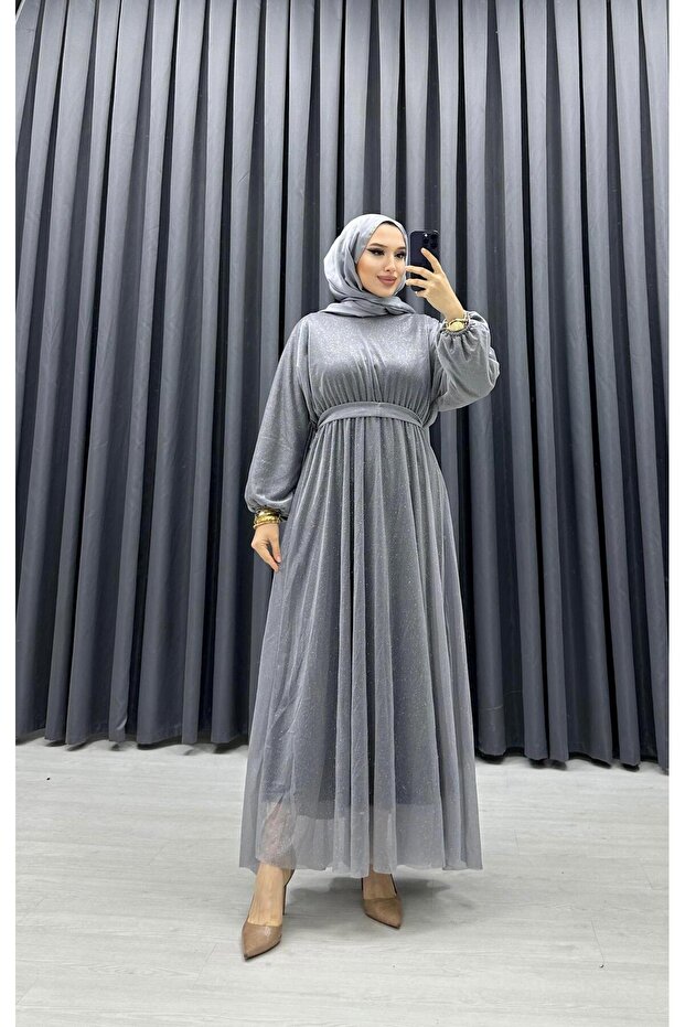 SİMLİ TÜL ELBİSE GRİ - 2