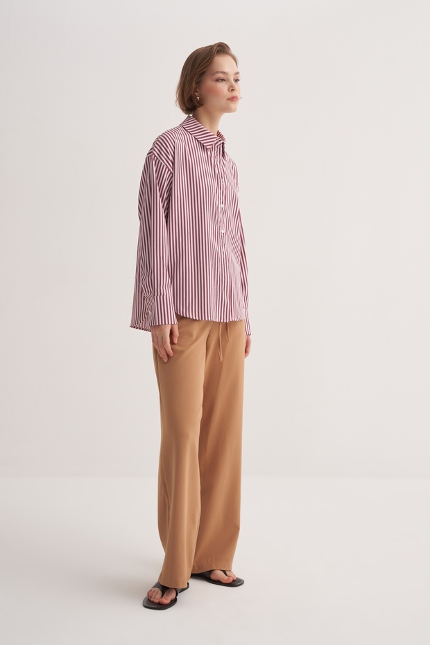 Kadın Poplin Basic Gömlek Çizgili Bordo - 2