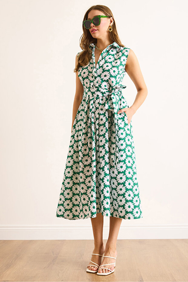 Women's Green Hidden Placket Belted Maxi Woven Dress Elb-19002496