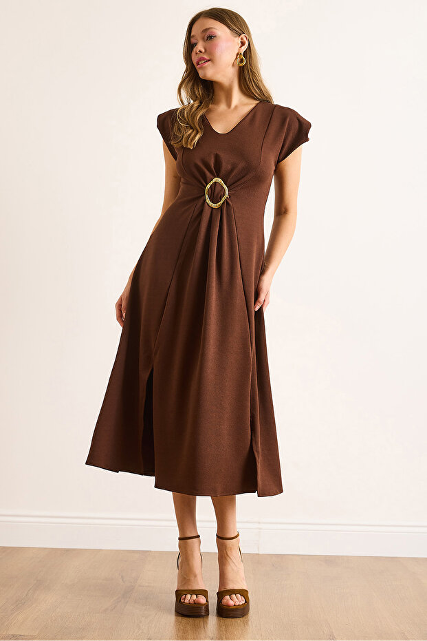 Women's Brown Accessory Slit Midi Crepe Dress Elb-19002494