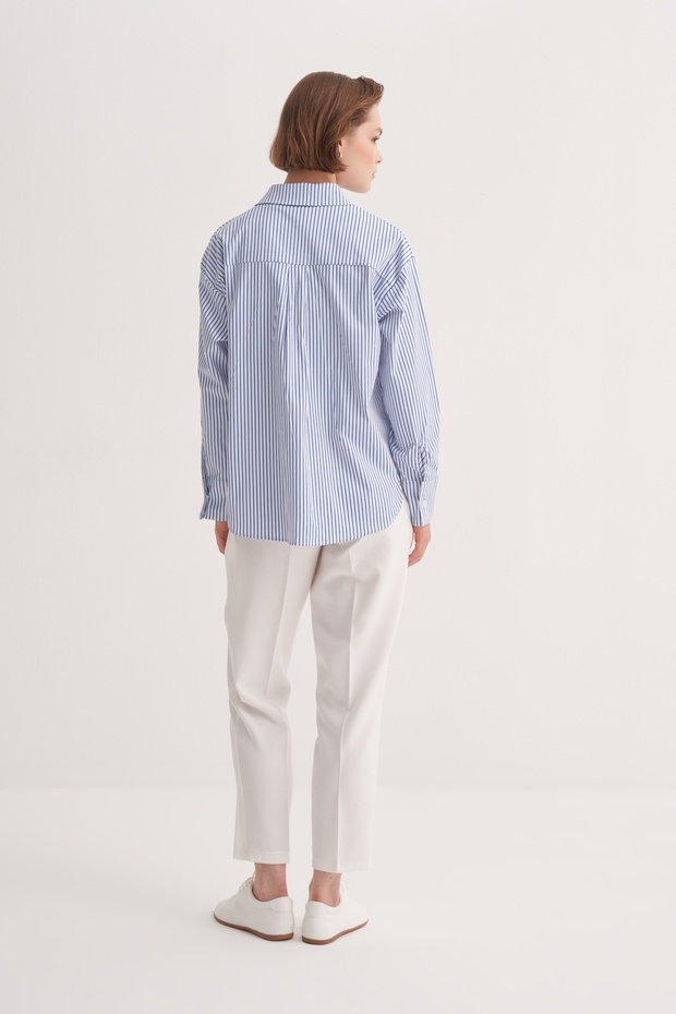 Kadın Poplin Basic Gömlek Çizgili Ekru - 5