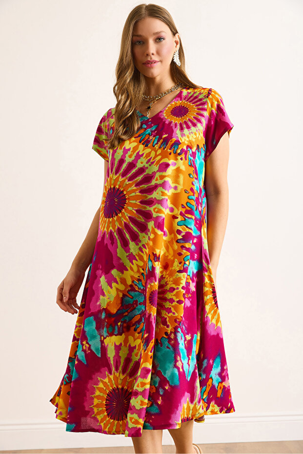 Women's Tie-Dye Multicolor V-Neck Patterned Woven Viscose Midi Bell Dress Elb-19002443