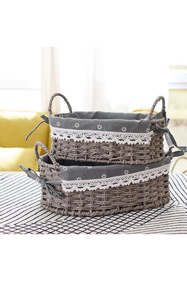 Set of 2 Woven Baskets with Handles Storage Bins with Sturdy Plastic Frame, Removable Fabric Liners