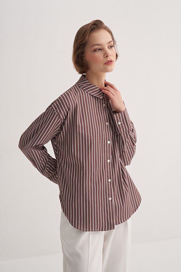 Kadın Poplin Basic Gömlek Çizgili Kahve - 3