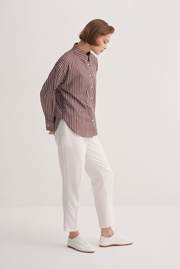 Kadın Poplin Basic Gömlek Çizgili Kahve - 4