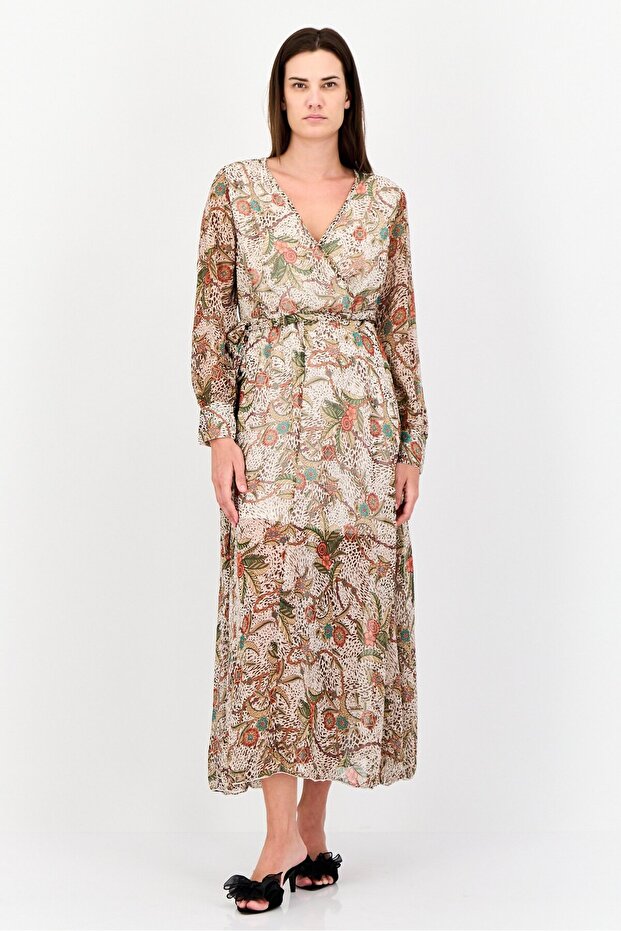 Women Floral Print Belted Maxi Dress, Multicolor