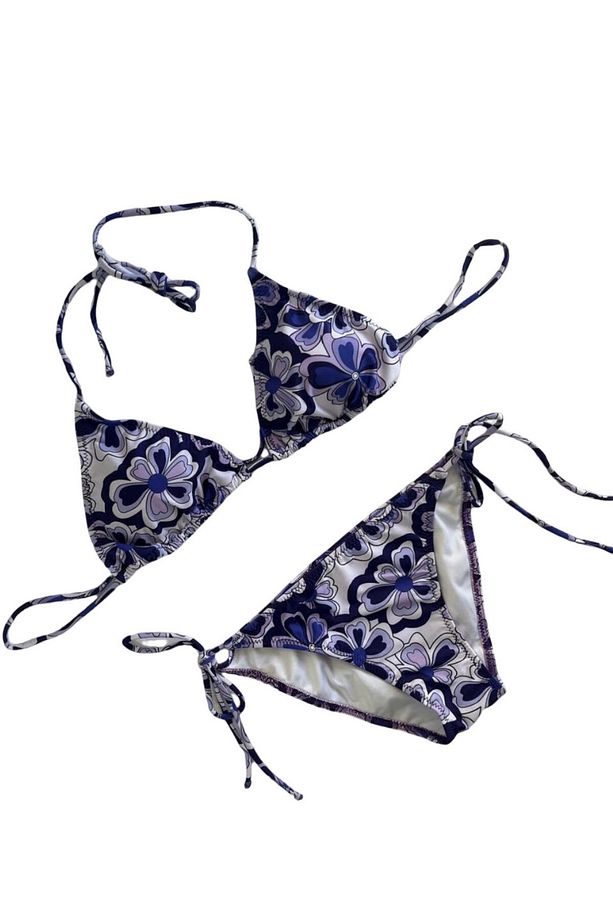 Kadın Lila Çiçek Desenli Boyundan İp Bağlamalı Üçgen Bikini Takımı HZL25S-LC5005 - 5