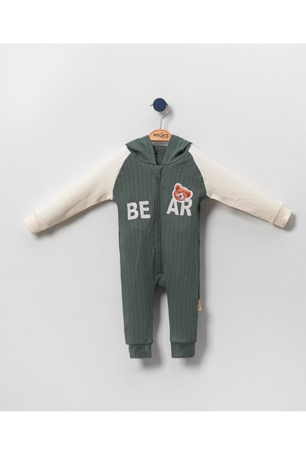 Green Color Bear Printed Zipper Hoodie Baby Jumpsuit
