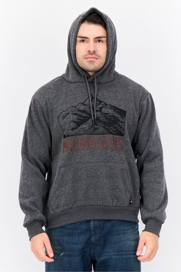 Men Hooded Graphic Long Sleeves Sweatshirt, Charcoal
