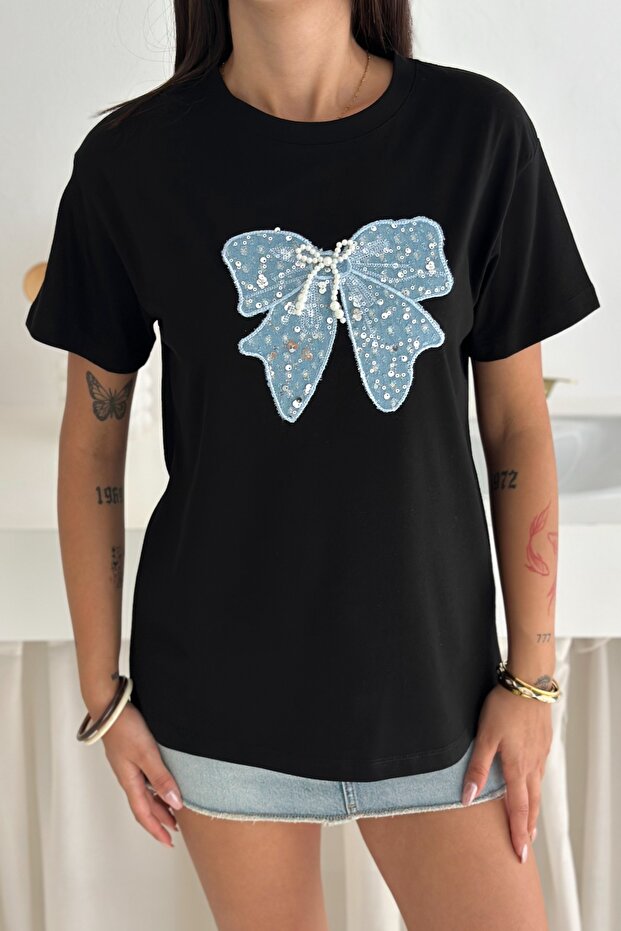 Women's Black Ribbon Pattern Beads and Sequins Embroidered Denim Detailed 100% Cotton T-Shirt