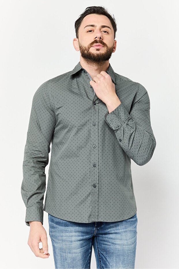 Men Regular Fit Allover Print Long Sleeves Casual Shirt, Olive