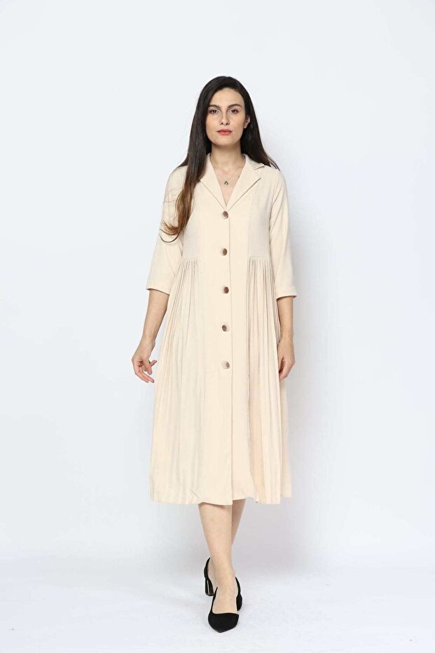 Short Sleeve Buttoned Pleated Midi Polyester Dress