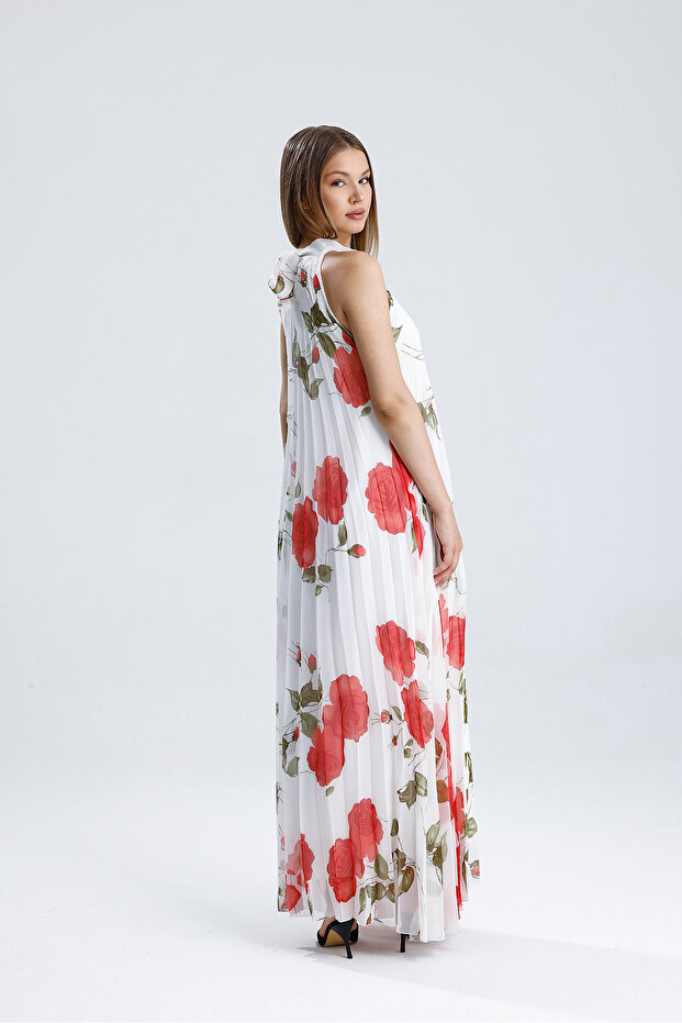 Astarlı Piliseli Uzun Abiye Şifon Elbise | ELB3512 Ekru Çiçekli - 5