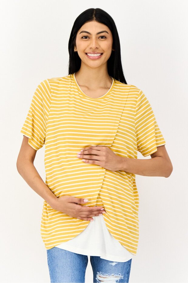 Maternity Crew Neck Short Sleeve Stripe Tunic Top, Yellow