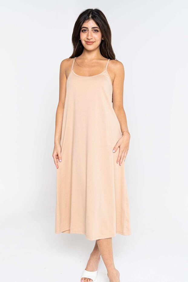 Solid Midi Dress with Thin Straps - 1