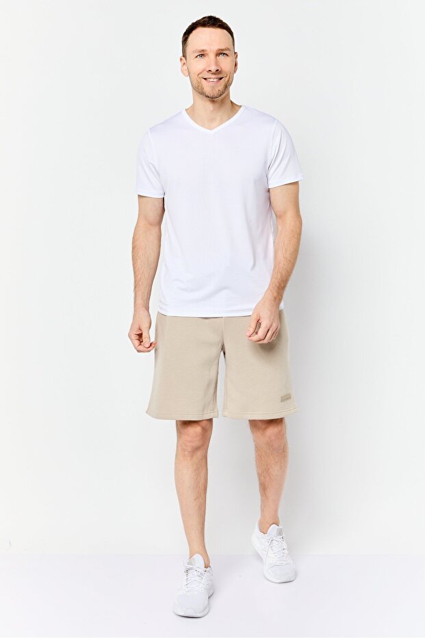 Men Brand Logo Basic Shorts, Tan - 2