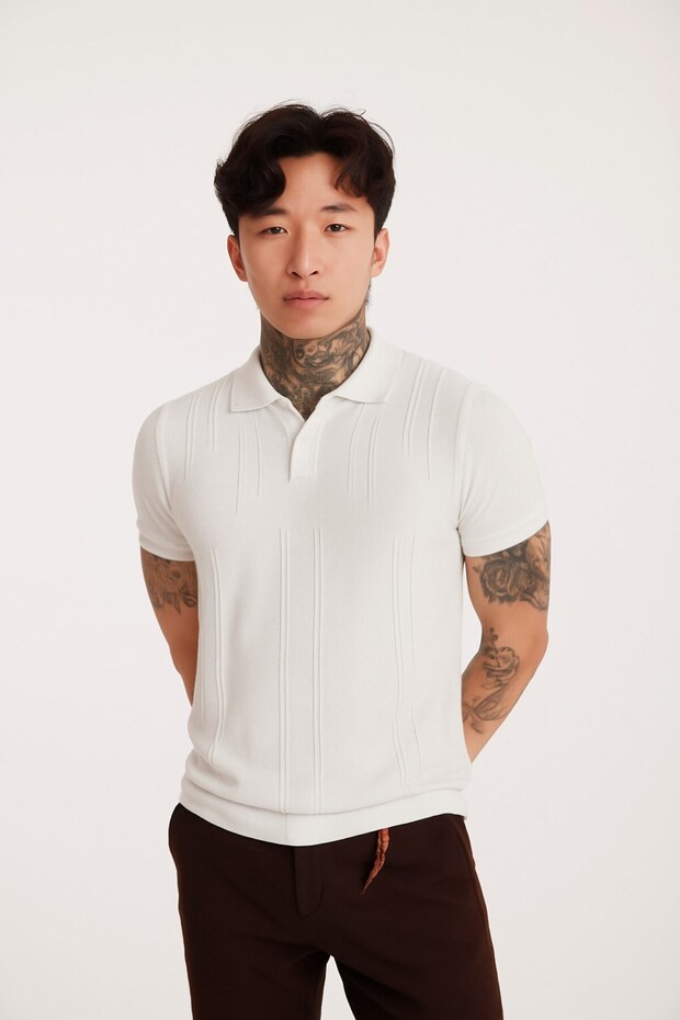 Men's White Polo Neck Knitwear T-Shirt – Short Sleeve, Summer Modern Slim Fit Knitted Model