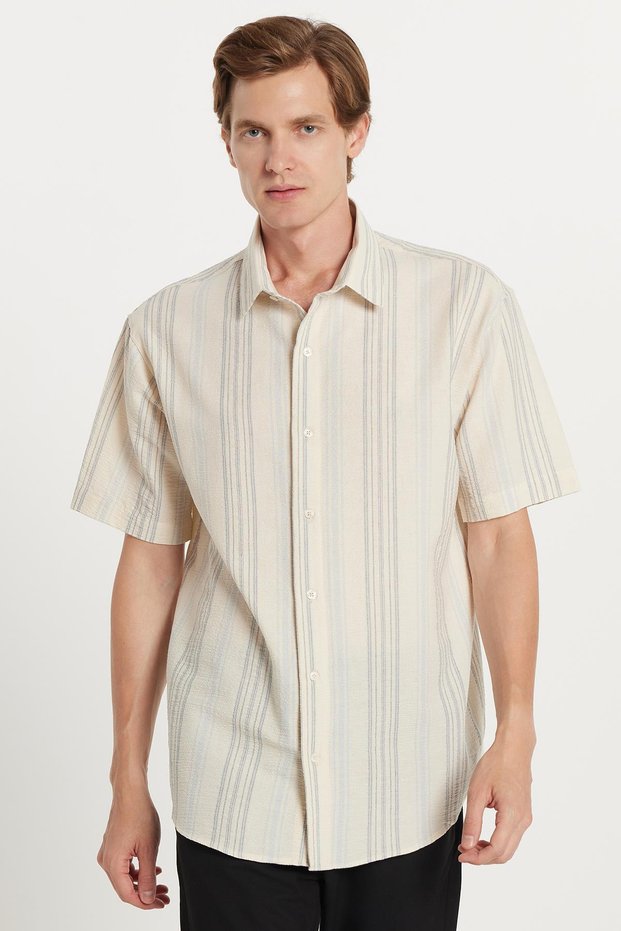 Men's Relax Fit Relaxed Fit Short Sleeve Striped Sports Collar Shirt