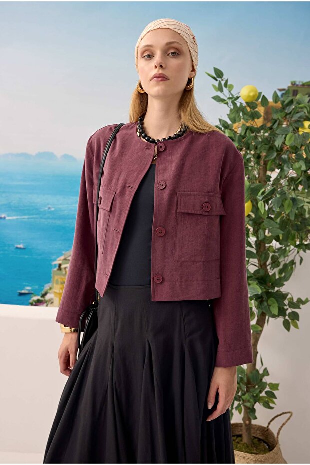 Modal Crop Ceket Bordo - 1