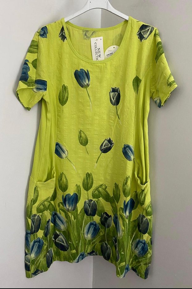 Women's Italian Pistachio Green Tulip Pattern Short Sleeve Cotton Midi Dress with Bag Pocket