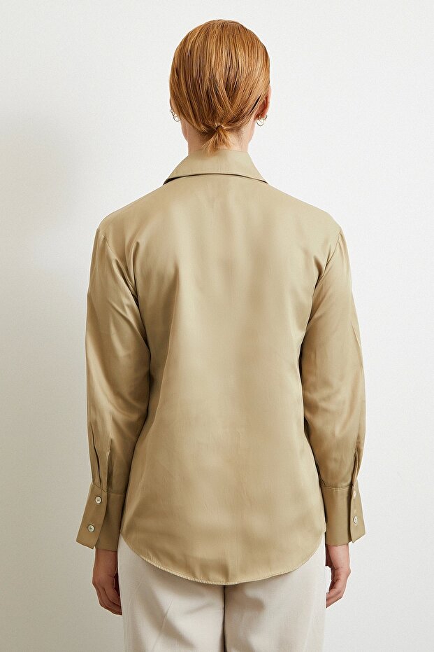 Diagonal Desen Gömlek Bej - 6