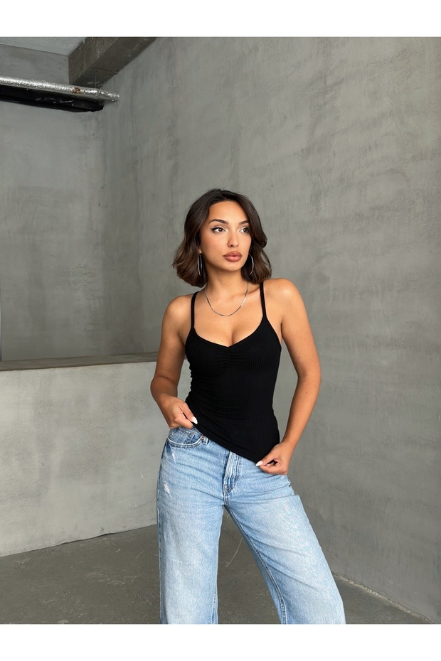 Women's Black Thread Strap Gathered Detailed Viscose Camisole Tank Top