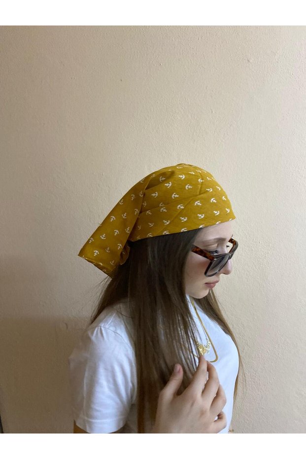 Unisex Anchor Patterned Mustard Color Bandana - Summer Hair Accessory - Scarf - Gift