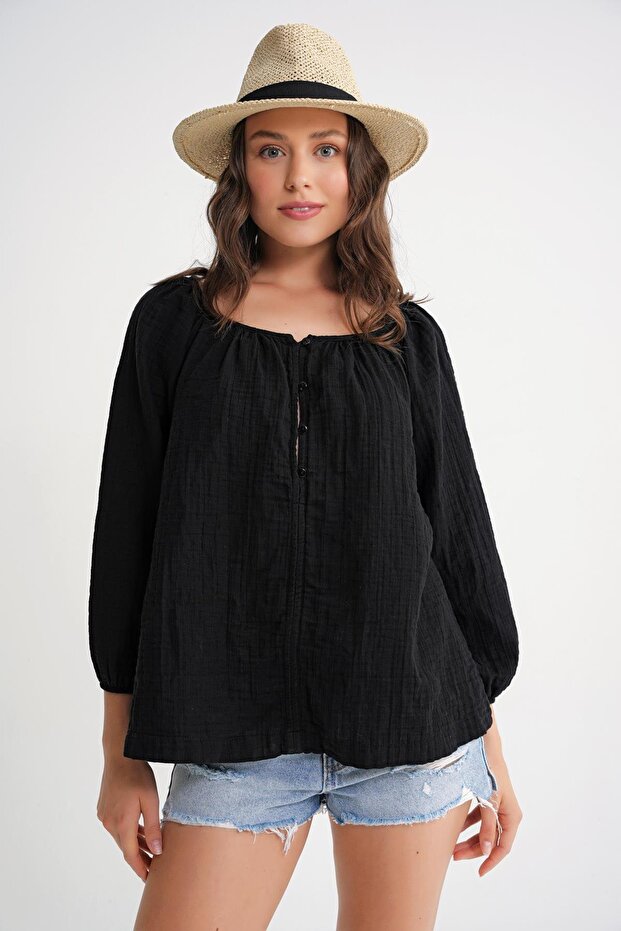 4707 Women's Gathered Collar Sleeve Elastic Loose Muslin Blouse Black