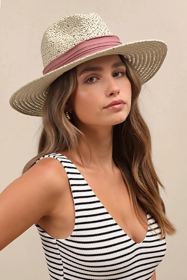 Knitted Textured Pink Striped Straw Panama Hat - Cream