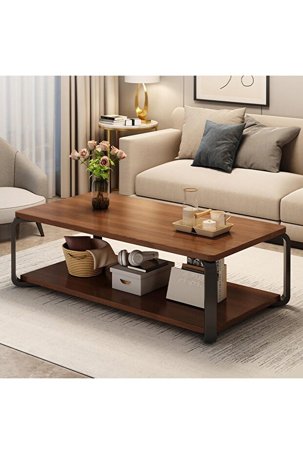 Wooden Coffee Table, 2 Tier Center Table with Metal Legs, Rectangle Tea Table for Living Room, Indus