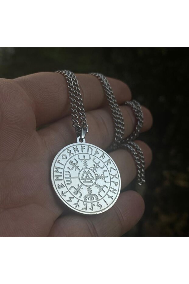 Nordic Mythology Valknut Runic Alphabet Compass Design Stainless 316L Steel Necklace