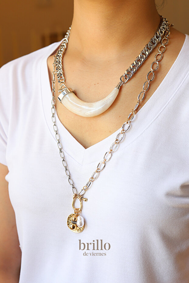 Silver Color Steel Necklace with Ivory Double Charms Design