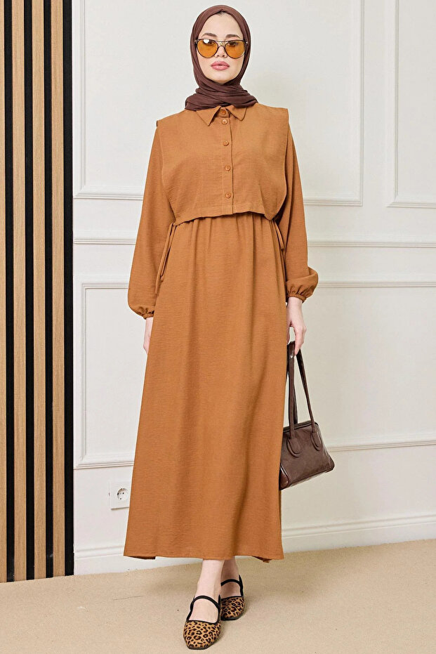 Parçalı Keten Elbis - 1