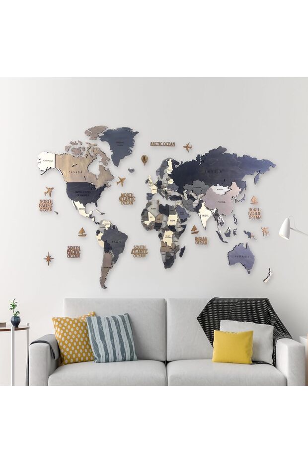 Ahşap Dünya Haritası Duvar Tablosu Dekor (Basic, Medium - 150x80 cm, Ahşap) MF511