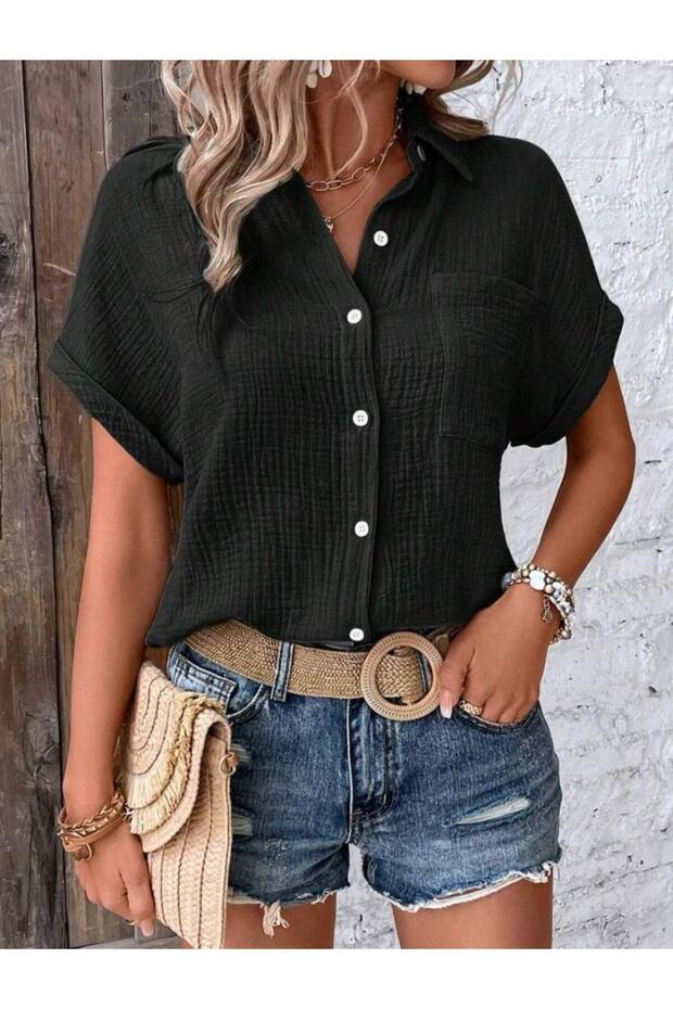Women's Pocket Detailed Short Sleeve Muslin Fabric Shirt