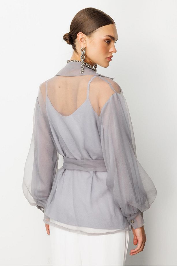Modailgi Önü Taşlı Organze Tunik Gri - 6