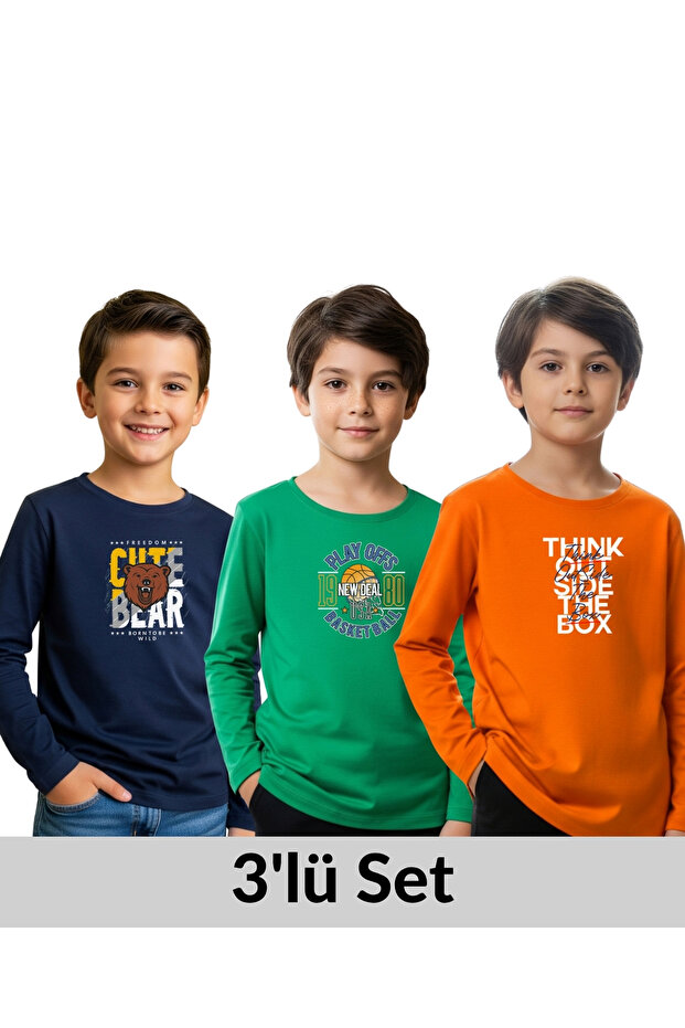 3 قطع من سويت شيرت للأولاد بتفاصيل طباعة O-neck