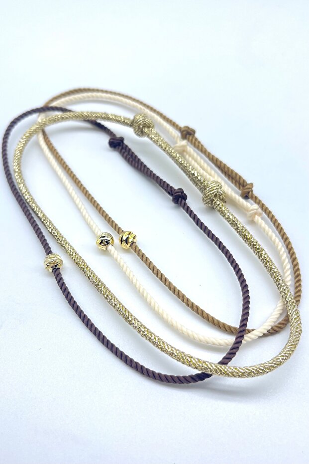 4 Pieces Dorika Figured Summer Milk Brown Cream Gold Glitter Rope Summer Anklet Set