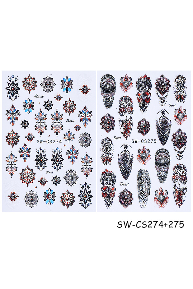 SW-CS274-275 2pcs Bohemian Nail Stickers Black Brown Retro Embroidery Boho Style Flower Design Adhes