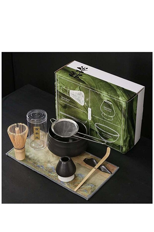 7-Piece Traditional Tea Set with Ceramic Bowl, Bamboo Whisk, Filter, Scoop
